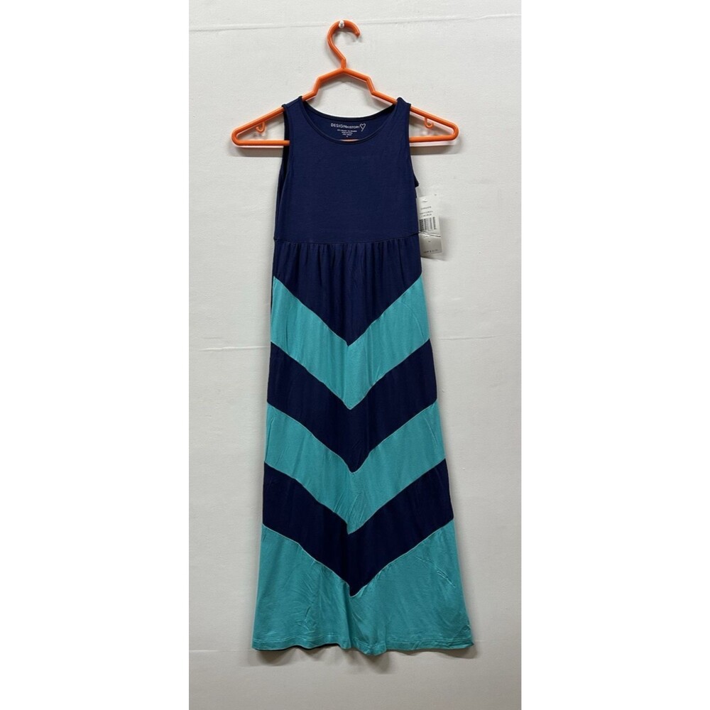 Design History girl size medium navy & teal  striped sleeveless maxi sress